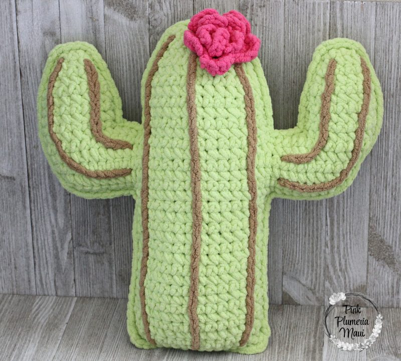 Front view of a crocheted plushy cactus.