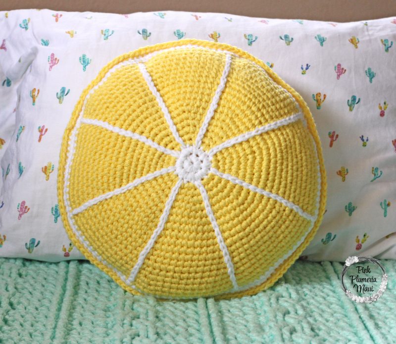 Front view of Crocheted Lemon Deco Pillow